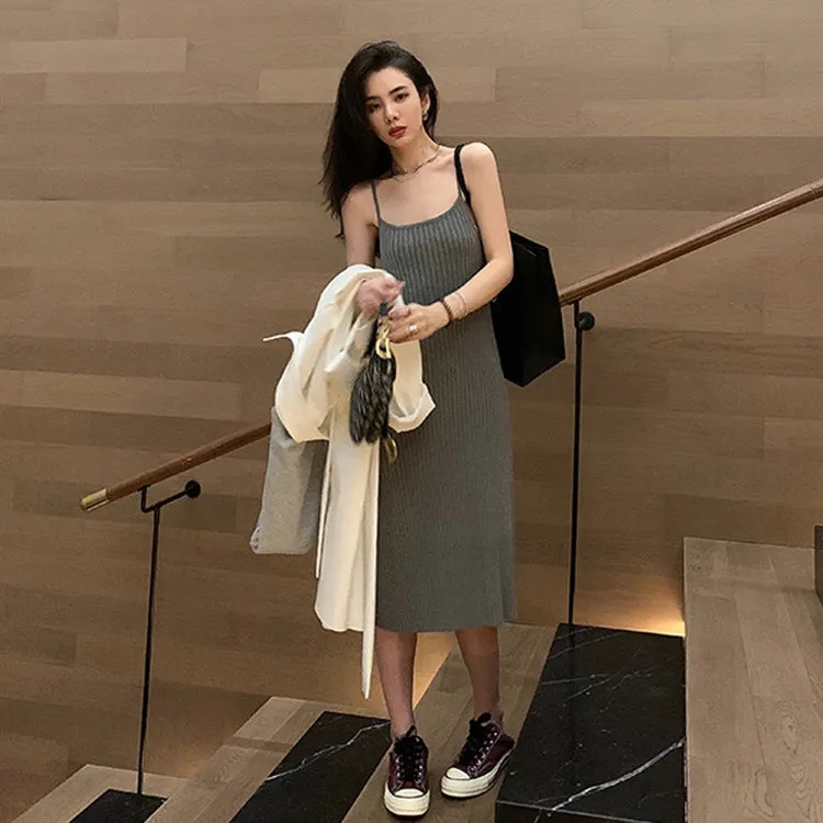 binfenxie-shop outfit inspo fall Knitted Sling Dress Spring/Summer New Slimming Elegant Bottoming Skirt with Overcoat Inner Dress Vest Skirt