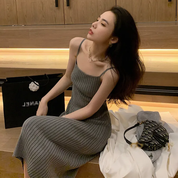 binfenxie-shop outfit inspo fall Knitted Sling Dress Spring/Summer New Slimming Elegant Bottoming Skirt with Overcoat Inner Dress Vest Skirt