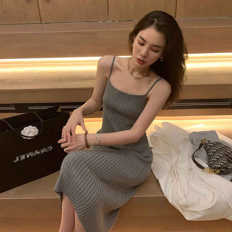 binfenxie-shop outfit inspo fall Knitted Sling Dress Spring/Summer New Slimming Elegant Bottoming Skirt with Overcoat Inner Dress Vest Skirt
