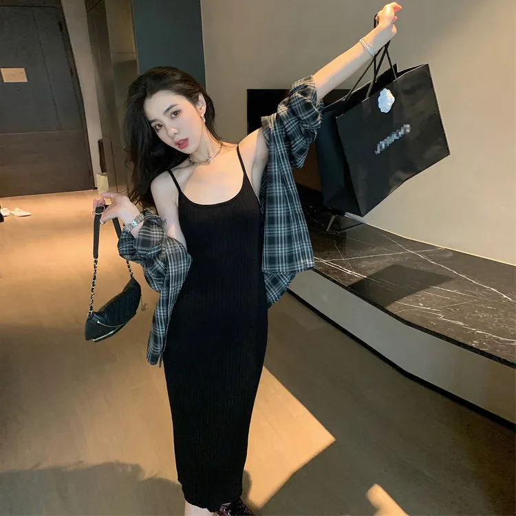 binfenxie-shop outfit inspo fall Knitted Sling Dress Spring/Summer New Slimming Elegant Bottoming Skirt with Overcoat Inner Dress Vest Skirt