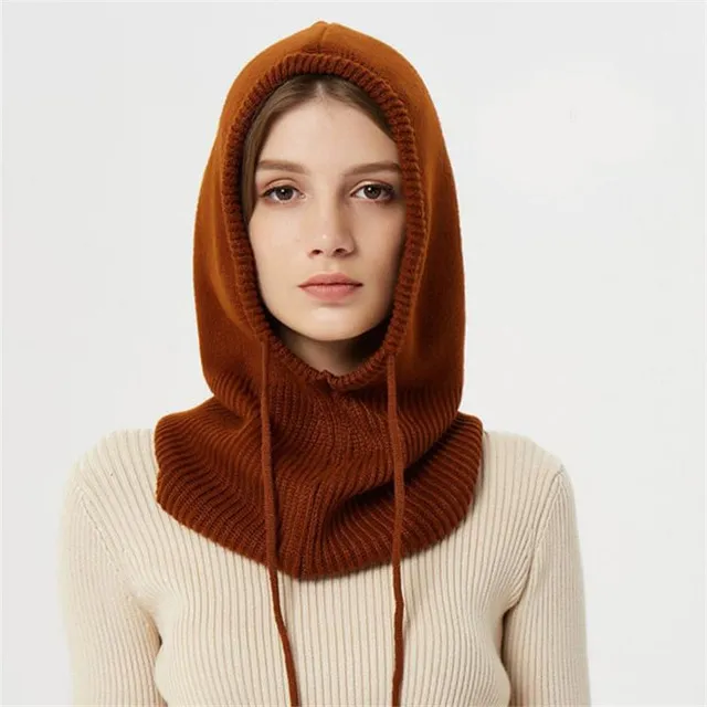 Cashmere Winter Knitted Hat for Women Girls Warm Hooded Scarf Hat Skull Cap Balaclava Knit Beanie Hat with Adjustable Drawstring