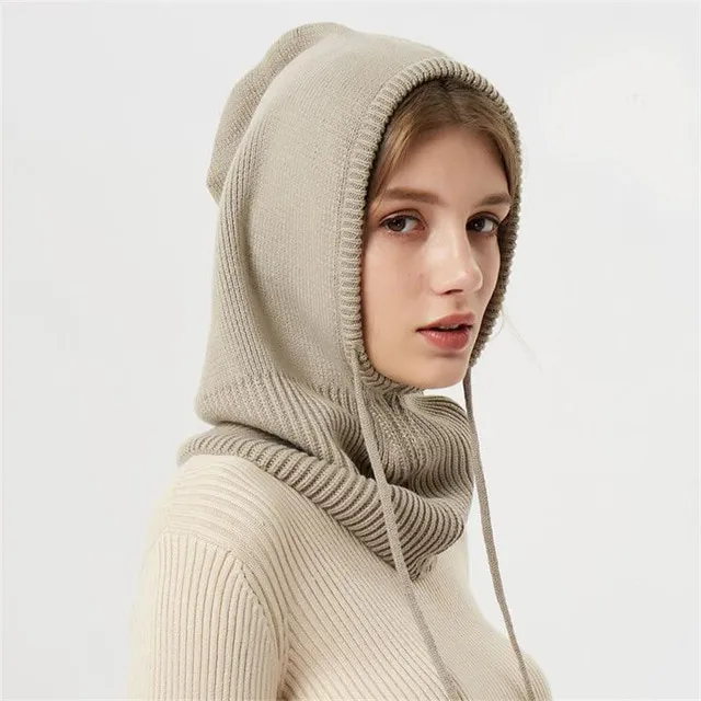 Cashmere Winter Knitted Hat for Women Girls Warm Hooded Scarf Hat Skull Cap Balaclava Knit Beanie Hat with Adjustable Drawstring