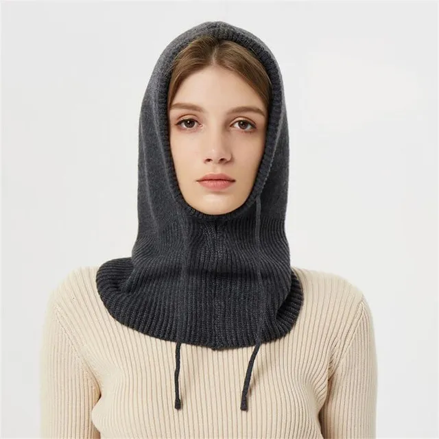 Cashmere Winter Knitted Hat for Women Girls Warm Hooded Scarf Hat Skull Cap Balaclava Knit Beanie Hat with Adjustable Drawstring