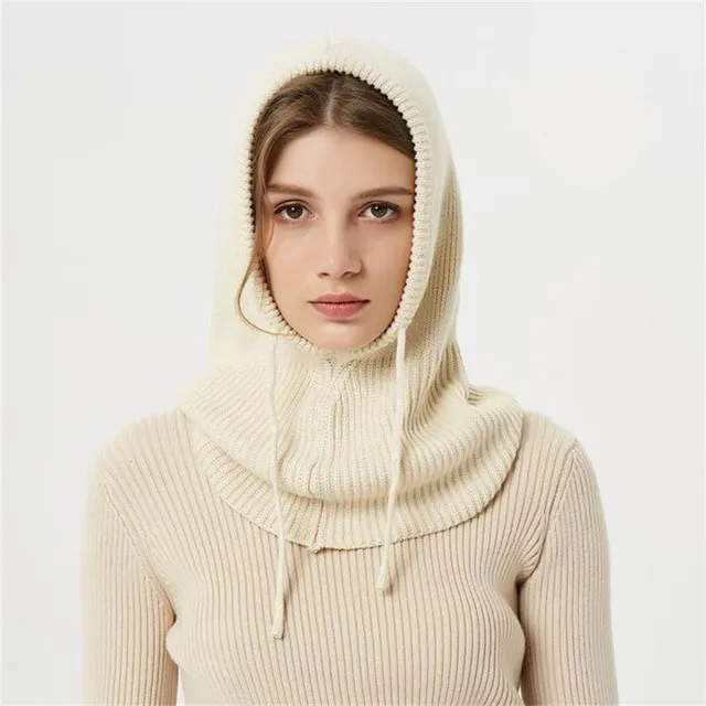 Cashmere Winter Knitted Hat for Women Girls Warm Hooded Scarf Hat Skull Cap Balaclava Knit Beanie Hat with Adjustable Drawstring