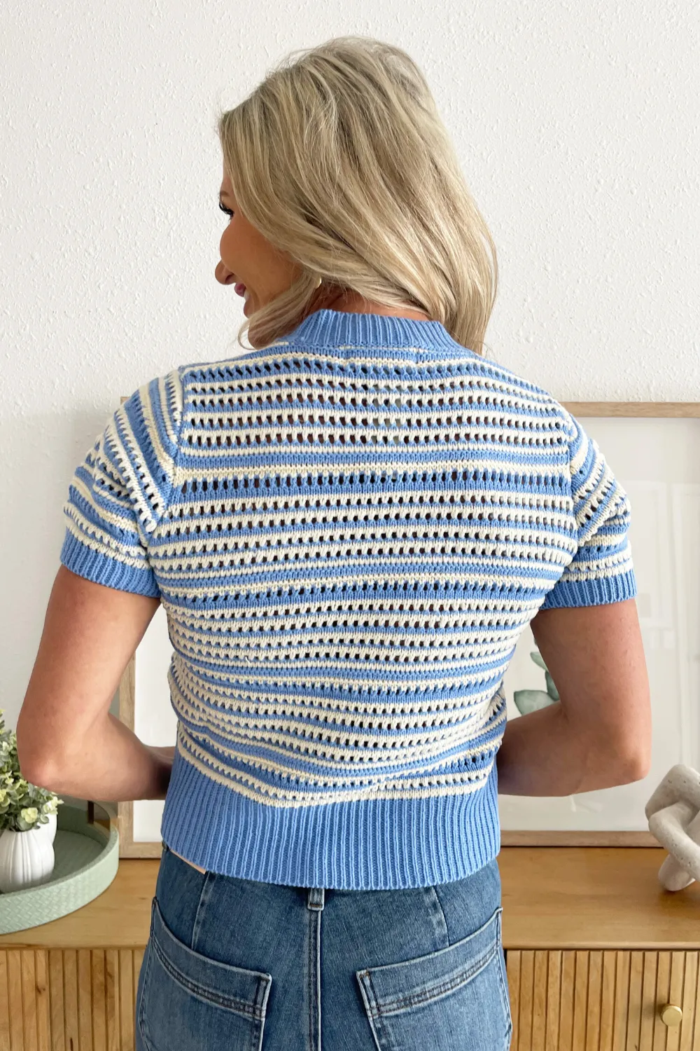 Eyelet Stripe Short Sleeve Sweater