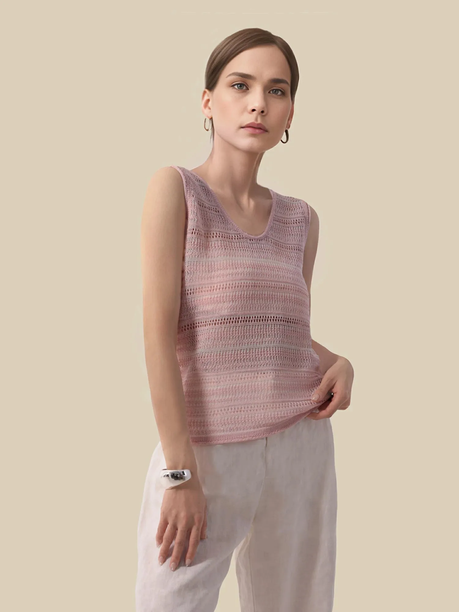 Lyocell & Silk U Neck Sleeveless Striped Vest