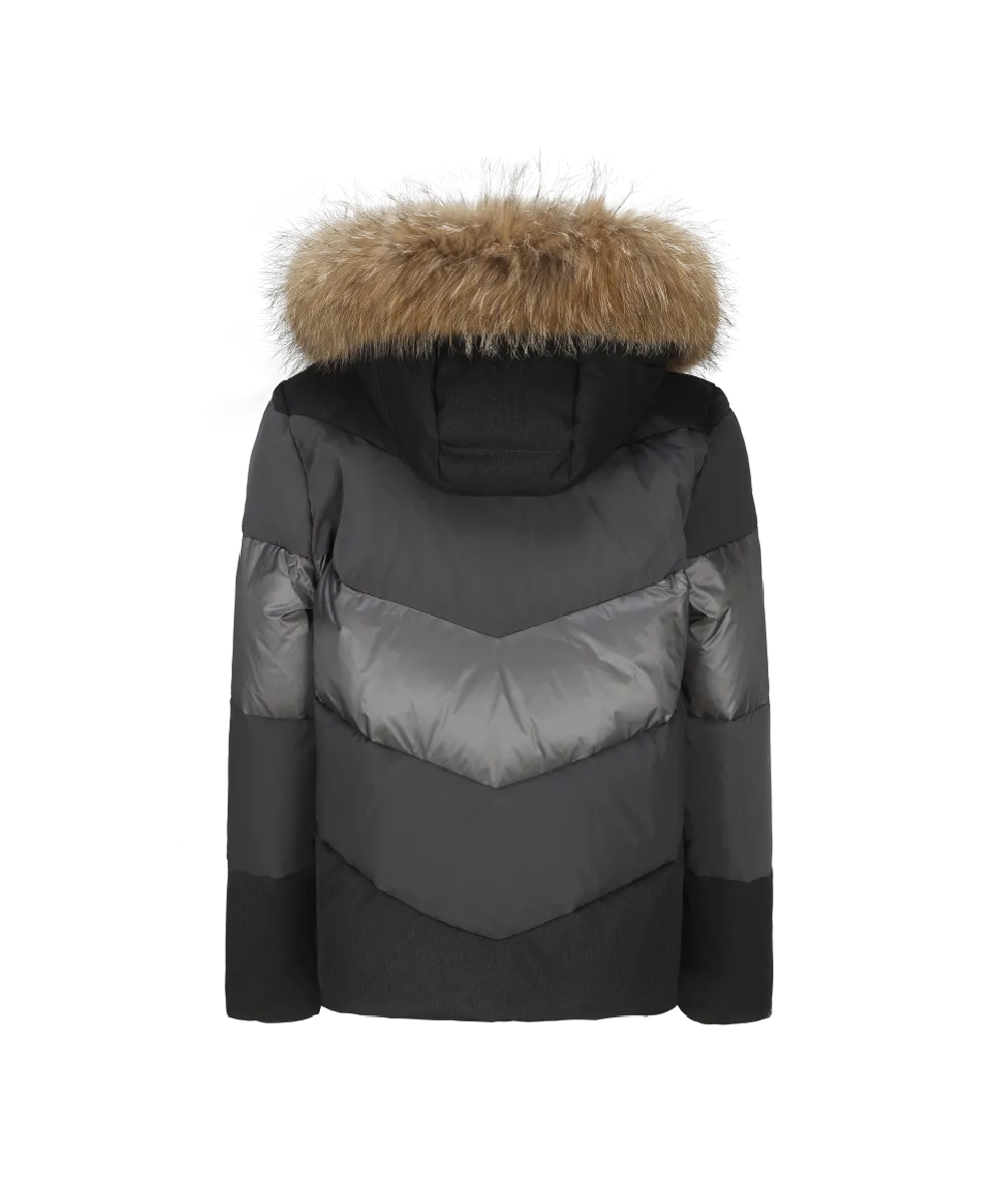 Men's Mystic Chevron Quilted Goose Down Jacket with Genuine Racoon Fur Trim