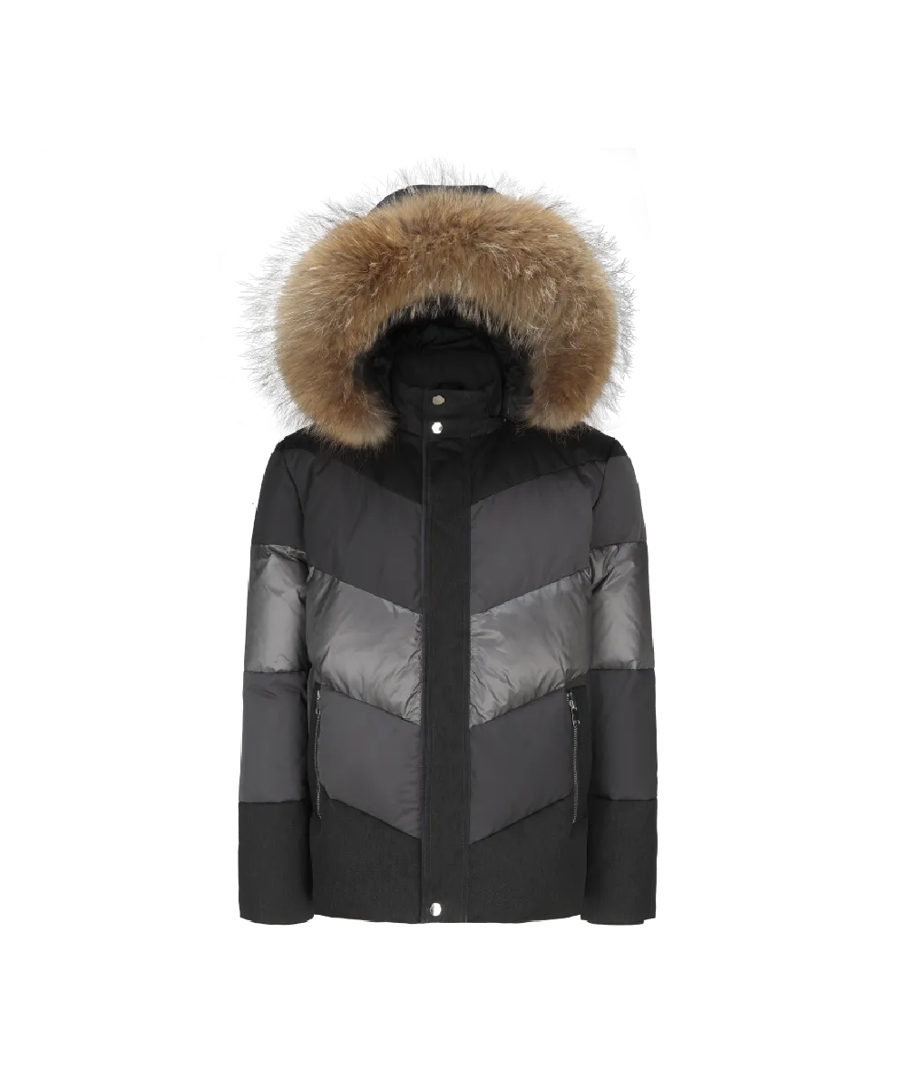 Men's Mystic Chevron Quilted Goose Down Jacket with Genuine Racoon Fur Trim