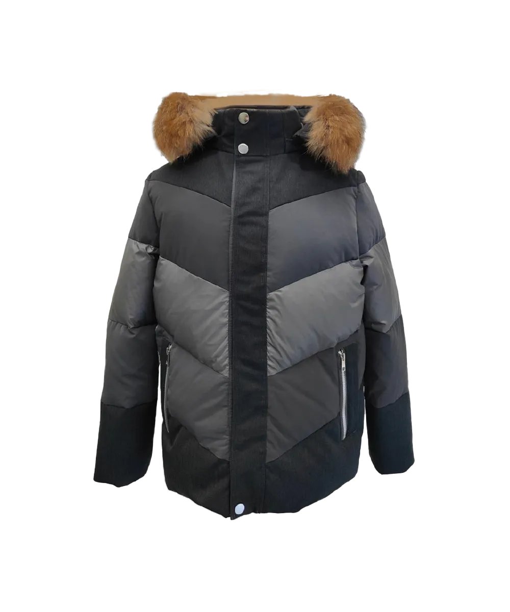 Men's Mystic Chevron Quilted Goose Down Jacket with Genuine Racoon Fur Trim