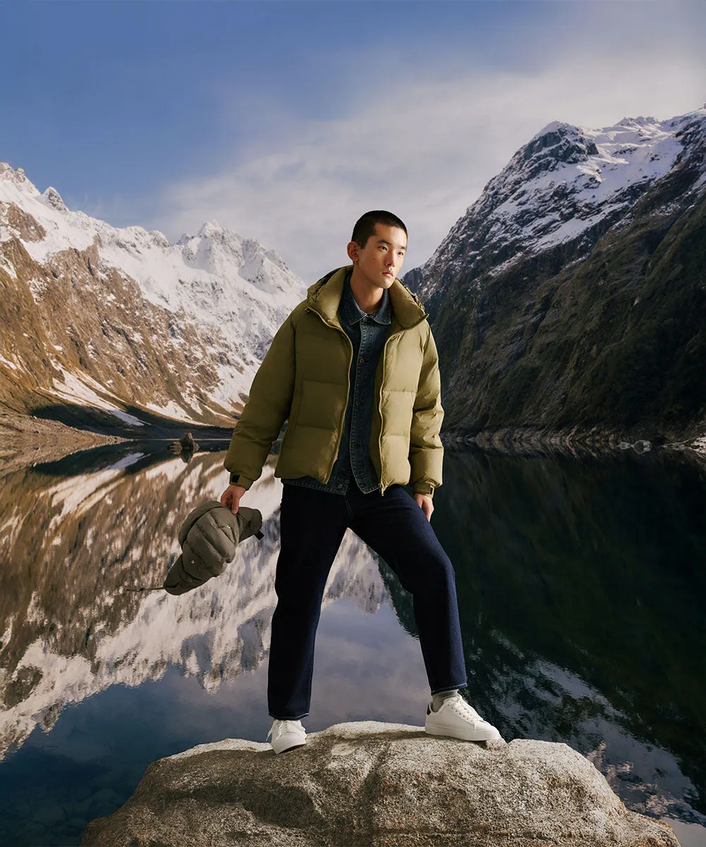 Men's Stylish, Layered Look With Denim Panel Down Jacket