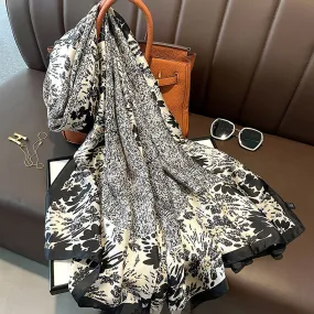 Milky White Retro Black Floral Design High Quality Satin Silk Scarves