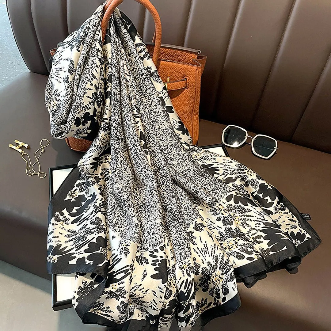 Milky White Retro Black Floral Design High Quality Satin Silk Scarves