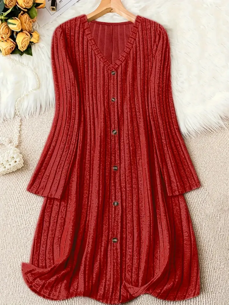 Plus Size V-Neck Ribbed Dress – Long Sleeve, Button Front, Casual Fall & Winter Wear