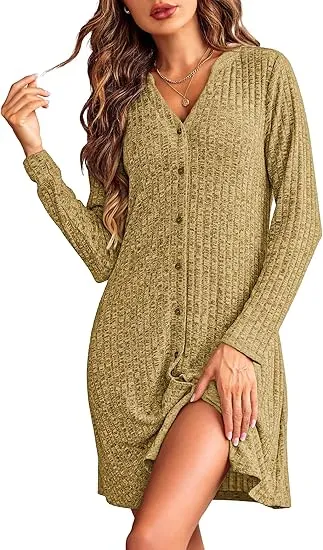 Plus Size V-Neck Ribbed Dress – Long Sleeve, Button Front, Casual Fall & Winter Wear