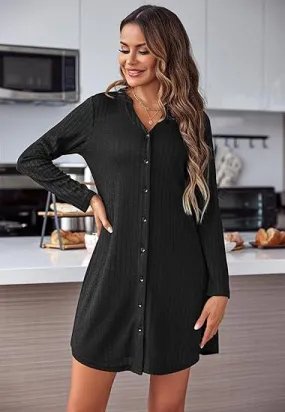 Plus Size V-Neck Ribbed Dress – Long Sleeve, Button Front, Casual Fall & Winter Wear