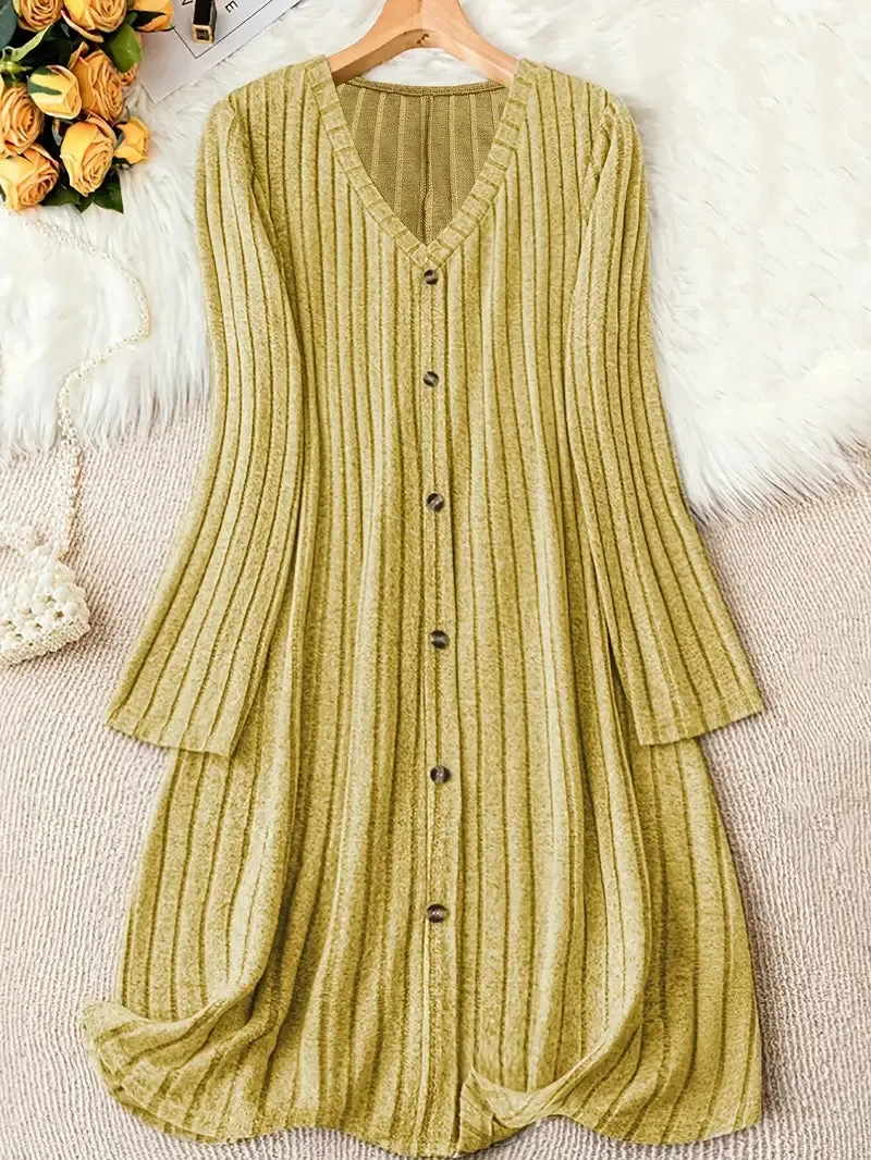 Plus Size V-Neck Ribbed Dress – Long Sleeve, Button Front, Casual Fall & Winter Wear
