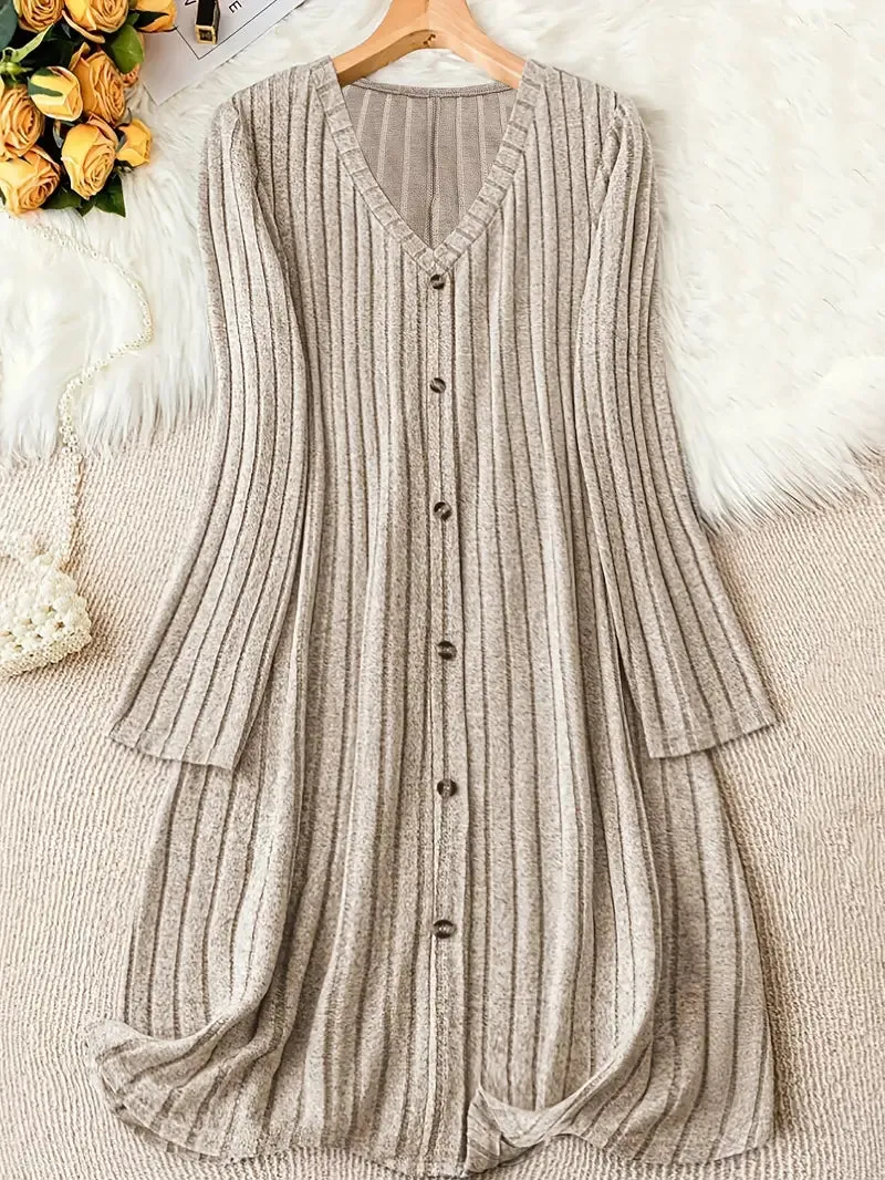 Plus Size V-Neck Ribbed Dress – Long Sleeve, Button Front, Casual Fall & Winter Wear