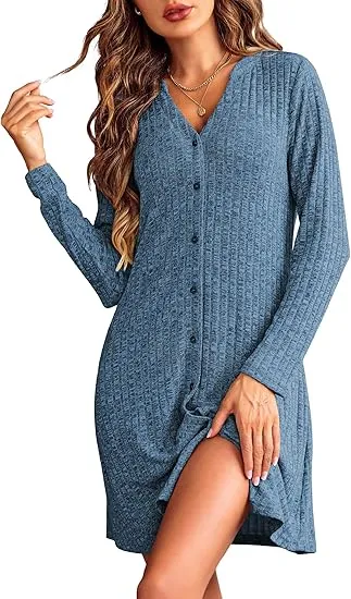 Plus Size V-Neck Ribbed Dress – Long Sleeve, Button Front, Casual Fall & Winter Wear