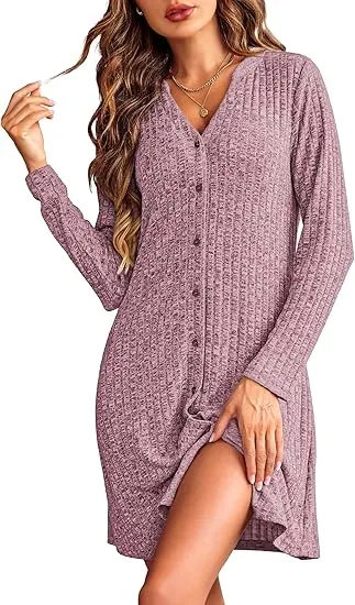 Plus Size V-Neck Ribbed Dress – Long Sleeve, Button Front, Casual Fall & Winter Wear