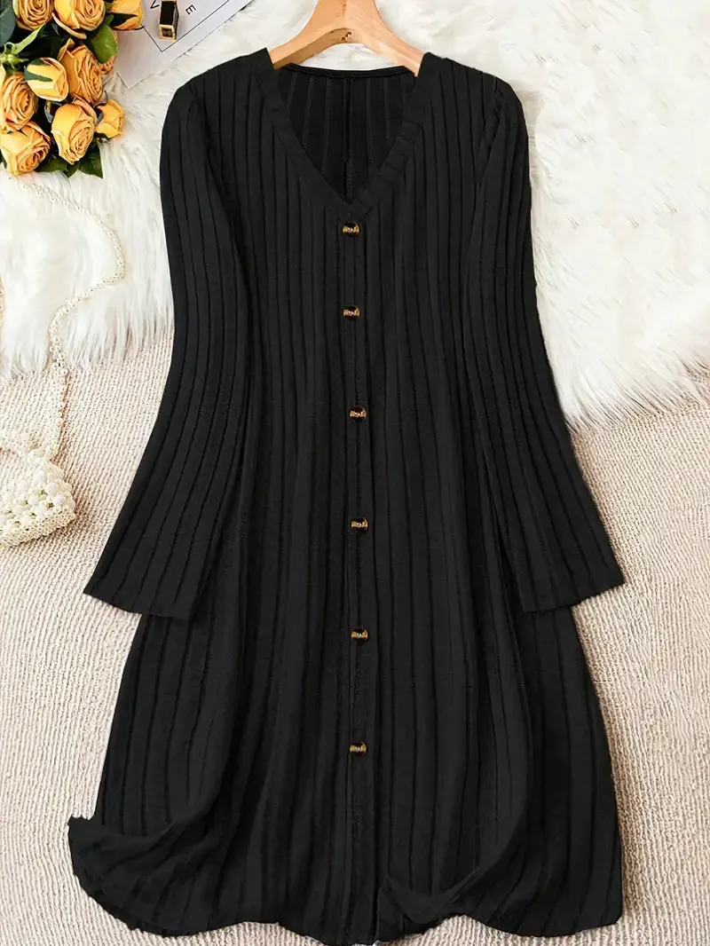 Plus Size V-Neck Ribbed Dress – Long Sleeve, Button Front, Casual Fall & Winter Wear
