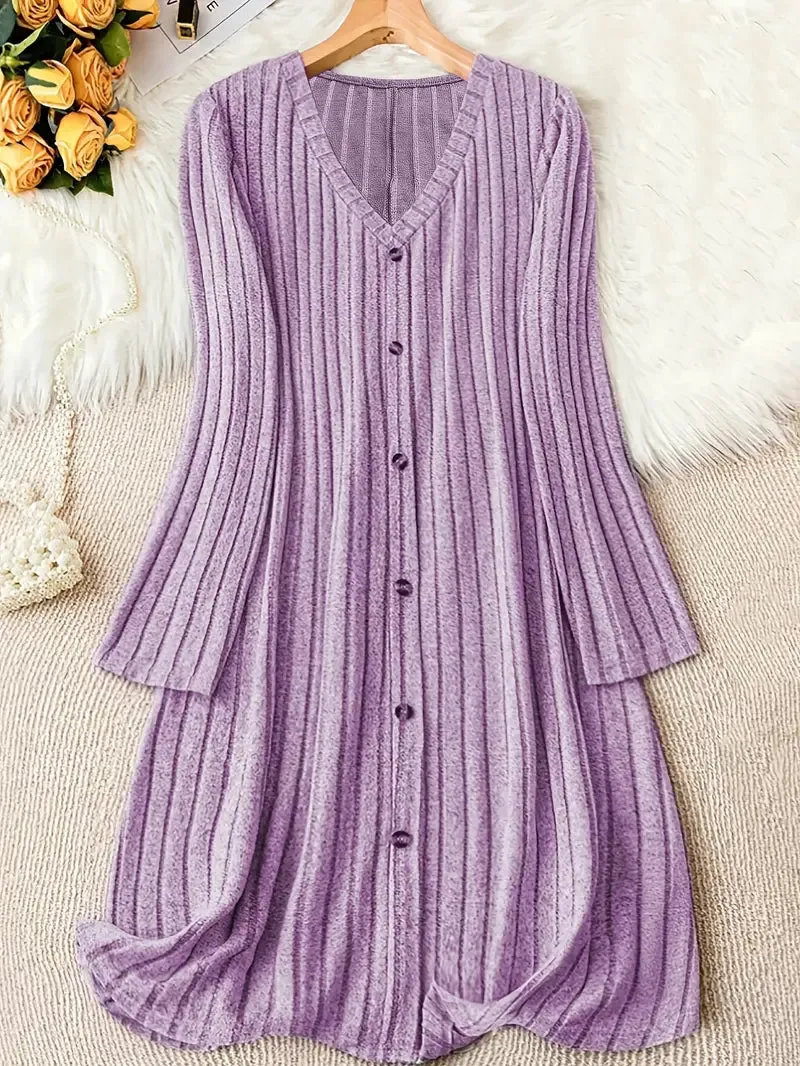 Plus Size V-Neck Ribbed Dress – Long Sleeve, Button Front, Casual Fall & Winter Wear