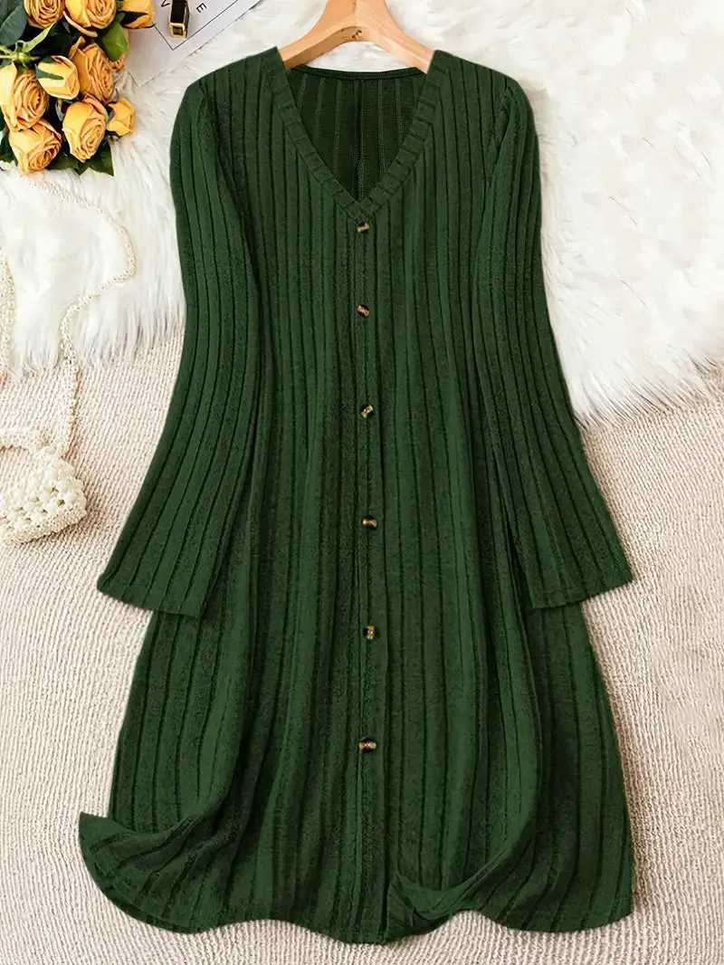 Plus Size V-Neck Ribbed Dress – Long Sleeve, Button Front, Casual Fall & Winter Wear