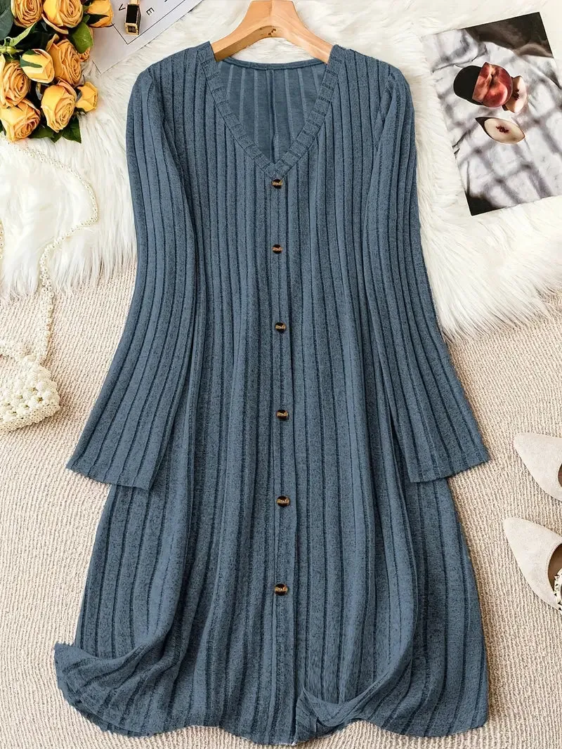 Plus Size V-Neck Ribbed Dress – Long Sleeve, Button Front, Casual Fall & Winter Wear